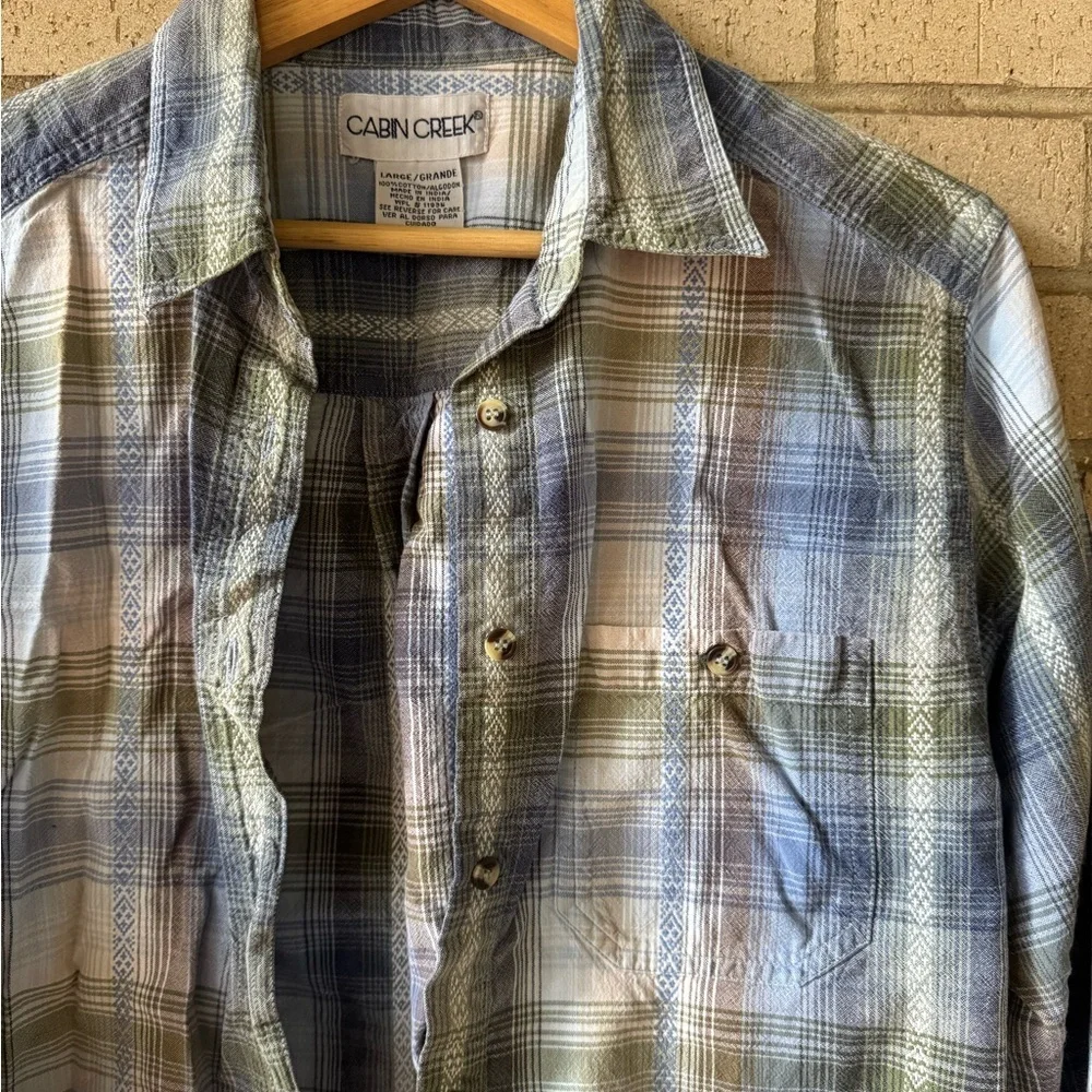 Cabin Creek Blue Green Plaid Button Down Shirt Cotton Medium - Picture 3 of 5